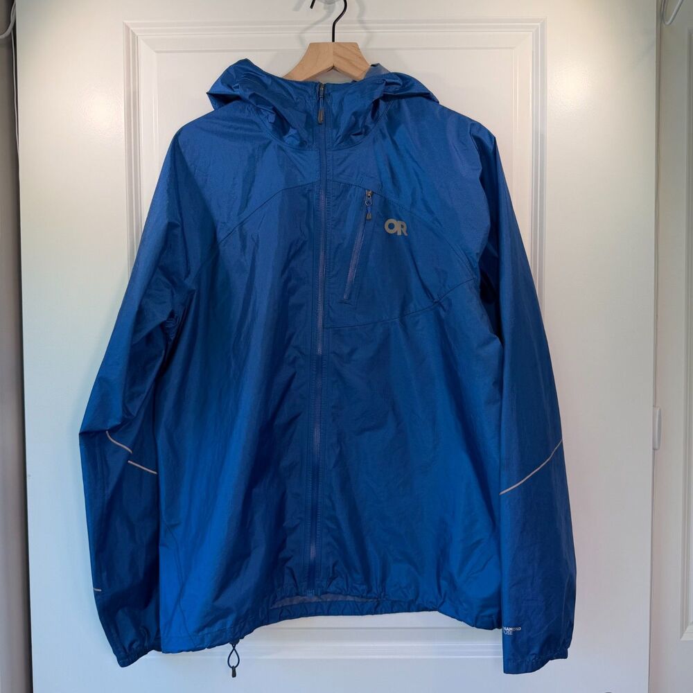 Outdoor Research Helium Rain Jacket Men's L Blue Waterproof Packable Hooded